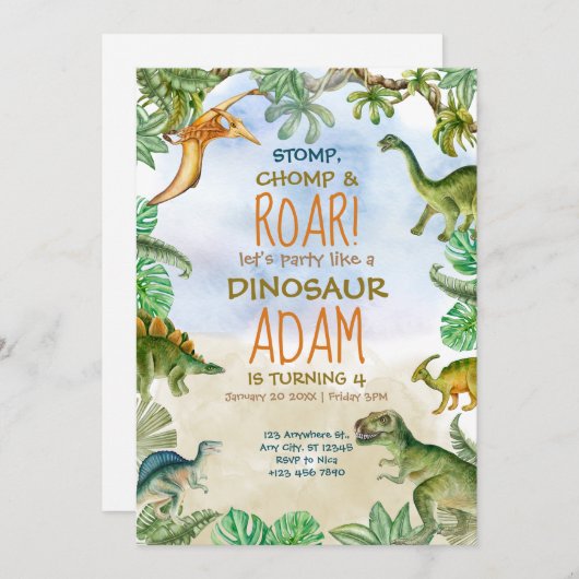 恐竜の誕生日パーティジュラシック誕生日パーティー 招待状 (正面/裏面)