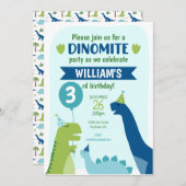 恐竜の誕生日パーティディーノパーティーブルーとグリーン 招待状 (正面/裏面)