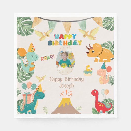恐竜の誕生日パーティナプキンス – カスタム写真 スタンダードランチョンナプキン (正面)