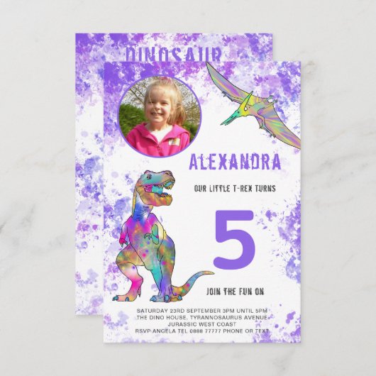 恐竜の誕生日パーティフォトパープル 招待状 (正面/裏面)