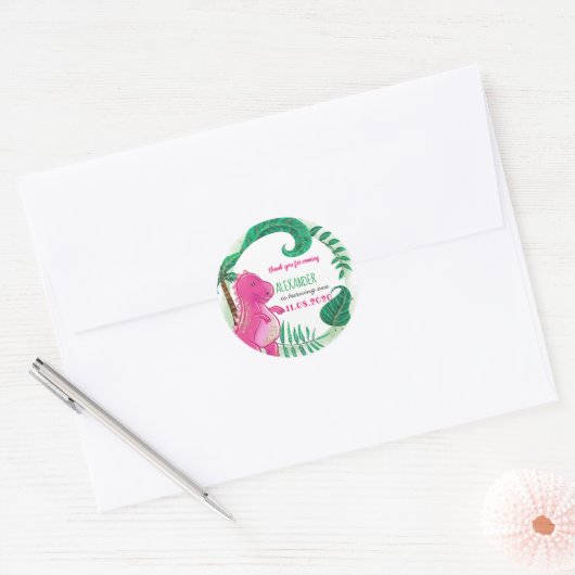 恐竜の誕生日パーティーかわいいTレックスピンクありがとう ラウンドシール (封筒)