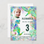 恐竜の誕生日パーティーの写真モダン インビテーションポストカード (正面/裏面)