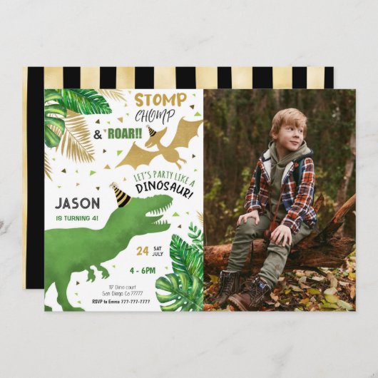 恐竜の誕生日パーティーの写真 招待状 (正面/裏面)