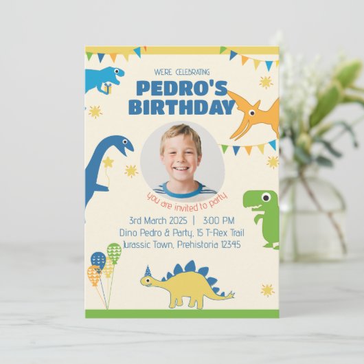 恐竜の誕生日パーティーの写真 招待状 (スタンド正面)