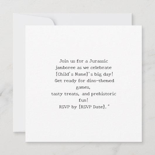 恐竜の誕生日パーティーの招待状 セーブザデート (裏面)
