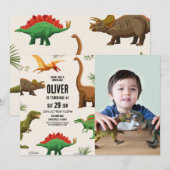 恐竜の誕生日パーティーの招待状 少年 写真 招待状 (正面/裏面)