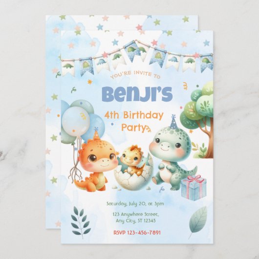 恐竜の誕生日パーティーの招待状 招待状 (正面/裏面)