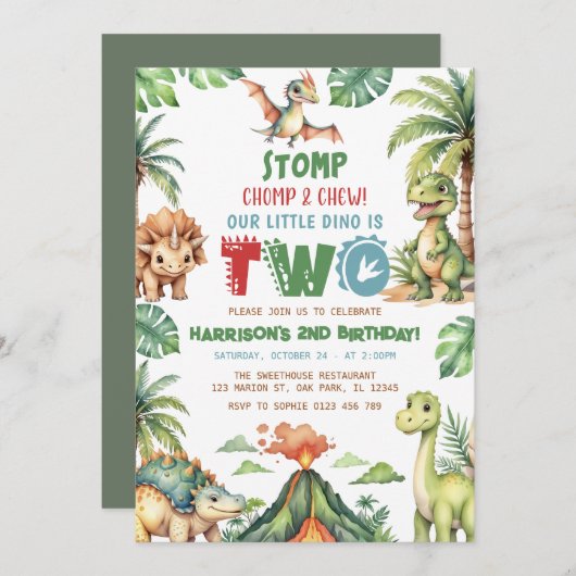 恐竜の誕生日パーティーの招待状 招待状 (正面/裏面)