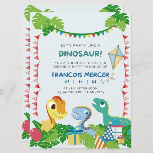 恐竜の誕生日パーティーの招待状 招待状 (正面/裏面)