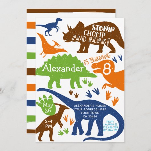 恐竜の誕生日パーティーの招待状 招待状 (正面/裏面)