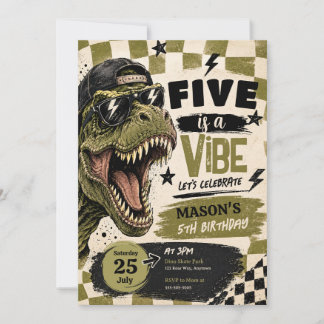 恐竜の誕生日パーティーの招待状 "Five is a Vibe" 招待状