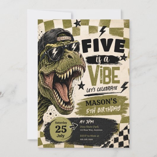 恐竜の誕生日パーティーの招待状 "Five is a Vibe" 招待状 (正面)