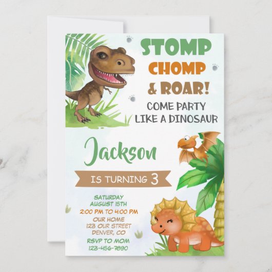 恐竜の誕生日パーティーへようこそ！　恐竜の招待状です 招待状 (正面)