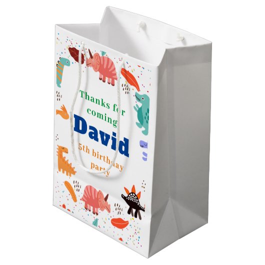 恐竜の誕生日パーティーをテーマにした紙 ミディアムペーパーバッグ (裏面アングル)