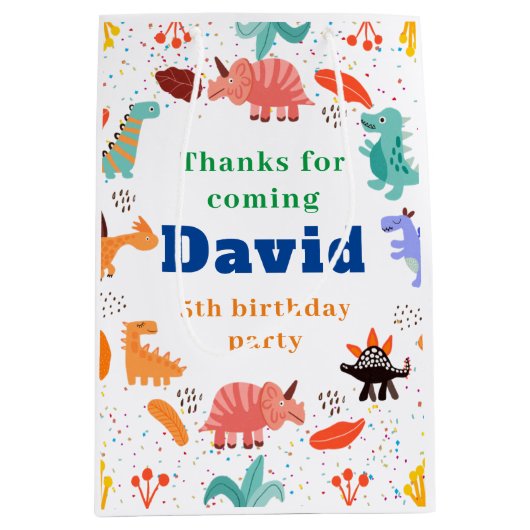恐竜の誕生日パーティーをテーマにした紙 ミディアムペーパーバッグ (正面)