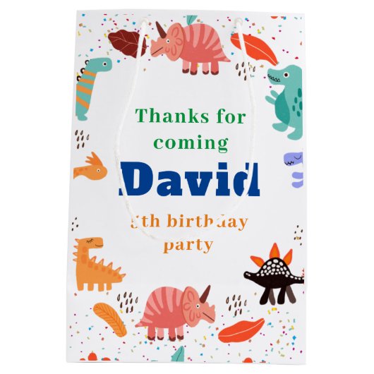 恐竜の誕生日パーティーをテーマにした紙 ミディアムペーパーバッグ (裏面)