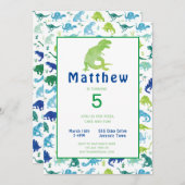 恐竜の誕生日パーティーウォーターカラーキッズ招待状 (正面/裏面)