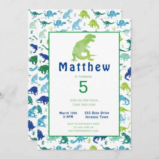 恐竜の誕生日パーティーウォーターカラーキッズ招待状 (正面/裏面)