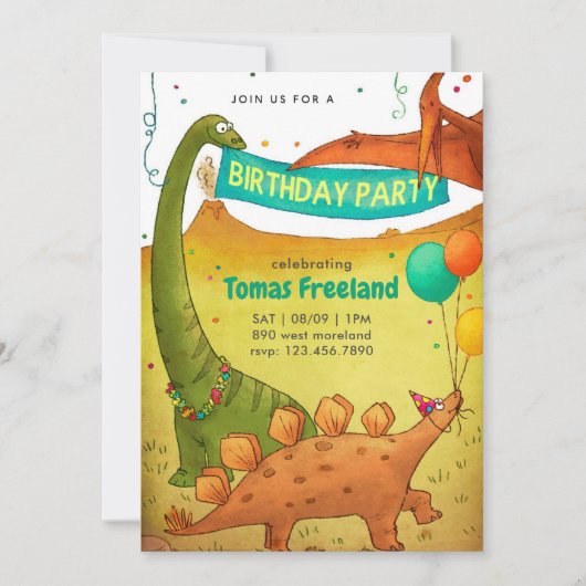 恐竜の誕生日パーティーキッズボーイ 招待状 (正面)