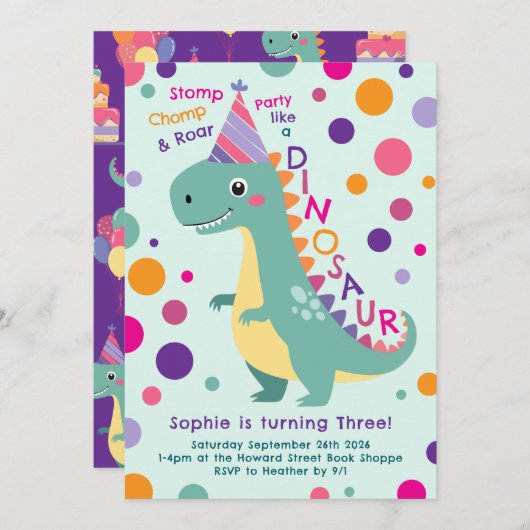 恐竜の誕生日パーティーキッズ 招待状 (正面/裏面)
