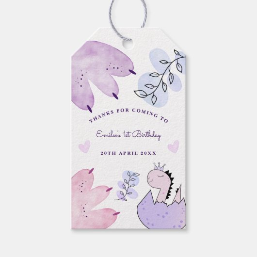恐竜の誕生日パーティーピンクパープルありがとう ギフトタグ (正面)