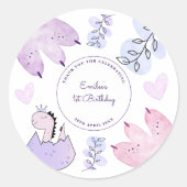 恐竜の誕生日パーティーピンクパープルありがとう ラウンドシール (正面)