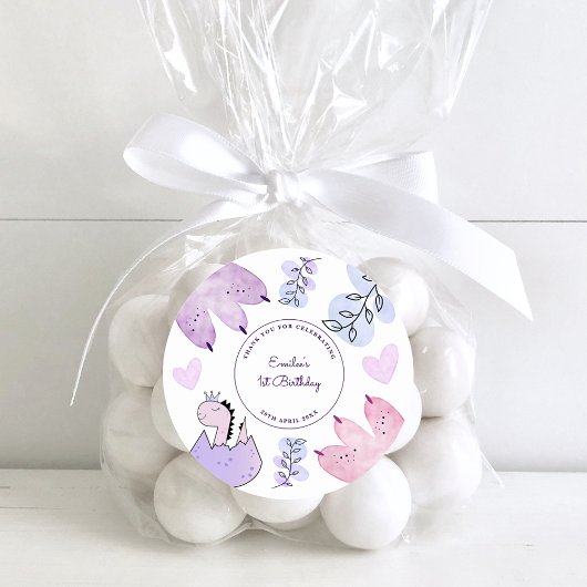 恐竜の誕生日パーティーピンクパープルありがとう ラウンドシール