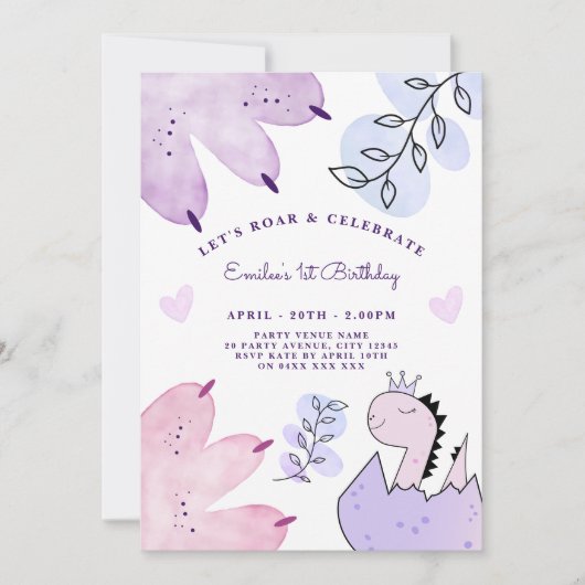 恐竜の誕生日パーティーピンクパープル 招待状 (正面)