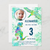 恐竜の誕生日パーティー写真の水彩 インビテーションポストカード (正面/裏面)