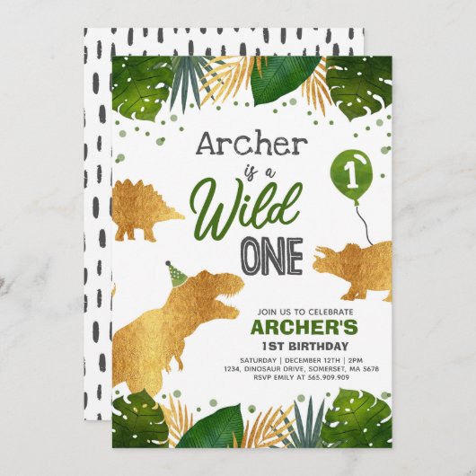 恐竜の誕生日パーティー招待状 ワイルドワン恐竜パーティー 招待状 (正面/裏面)