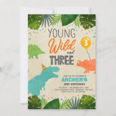 恐竜の誕生日パーティー招待状 ワイルド アンド スリー ディノパーティー 招待状 (正面)