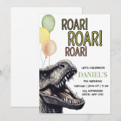 恐竜の誕生日パーティー招待状、吠えるティラノサウルス 招待状 (正面/裏面)