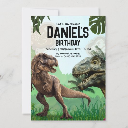 恐竜の誕生日パーティー招待状、吠えるティラノサウルス 招待状 (正面)