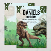 恐竜の誕生日パーティー招待状、吠えるティラノサウルス 招待状 (正面/裏面)