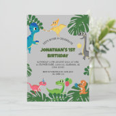 恐竜の誕生日パーティー最初の誕生日ベビー写真 招待状 (スタンド正面)