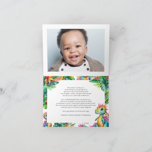 恐竜の誕生日パーティー男子カスタム写真トロピカル サンキューカード (内部)