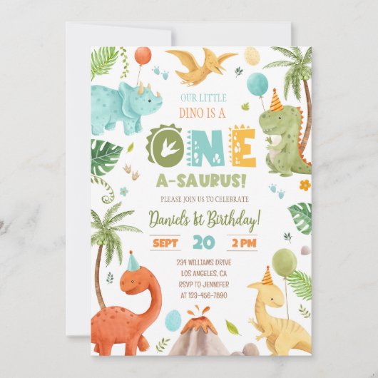 恐竜の誕生日パーティー1st誕生日ファースト誕生日 招待状 (正面)