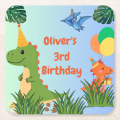 恐竜の誕生日パーティー – かわいいディノテーマ スクエアペーパーコースター (正面)