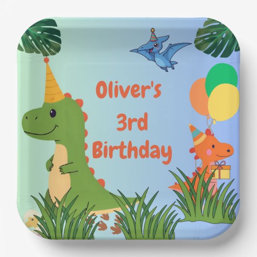 恐竜の誕生日パーティー – かわいいディノテーマ ペーパープレート (正面)