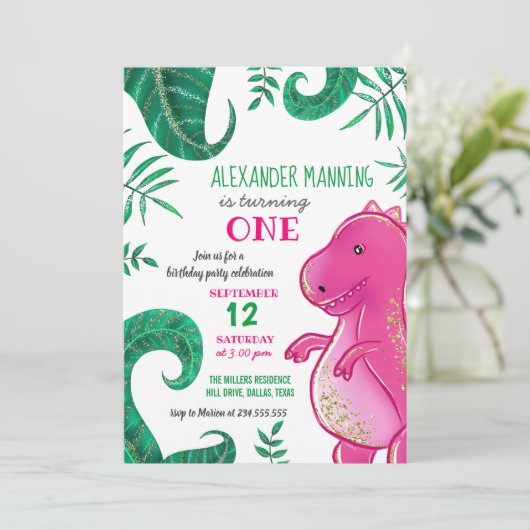 恐竜の誕生日パーティー |かわいいTレックスピンク 招待状 (スタンド正面)