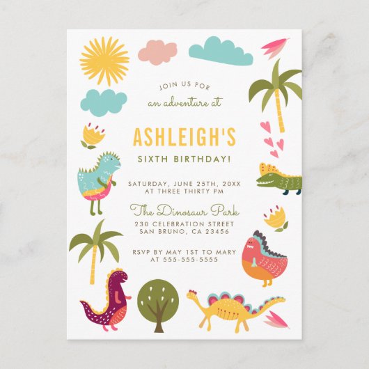恐竜の誕生日パーティー | 男の子または女の子の誕生日 インビテーションポストカード (正面)
