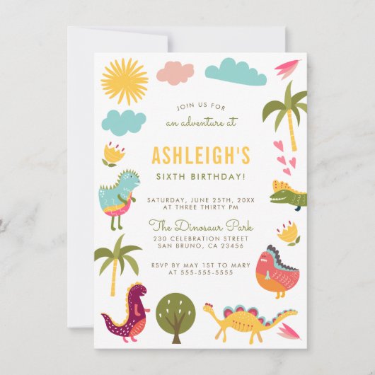 恐竜の誕生日パーティー |男の子または女の子誕生日 招待状 (正面)