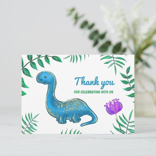 恐竜の誕生日パーティー | 青い恐竜の感謝 サンキューカード (スタンド正面)