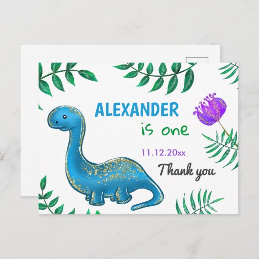 恐竜の誕生日パーティー | Blue Dinoありがとうございました ポストカード (正面/裏面)