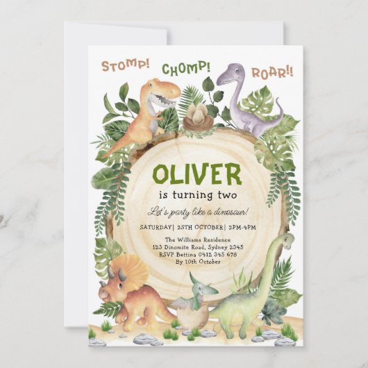恐竜の誕生日パーティー | Stop Chomp Roar 招待状 (正面)