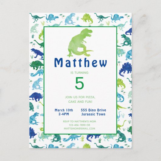 恐竜の誕生日パーティーTレックスキッズ招待状 インビテーションポストカード (正面)