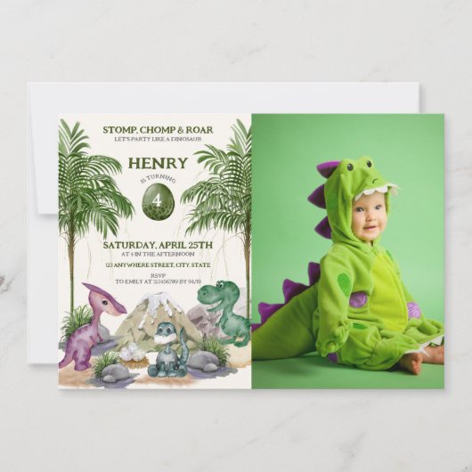 恐竜の誕生日パーティーTレックス水彩写真 招待状 (正面)