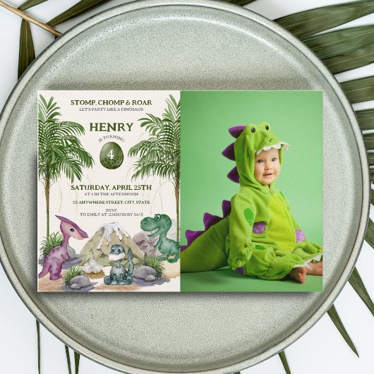 恐竜の誕生日パーティーTレックス水彩写真 招待状