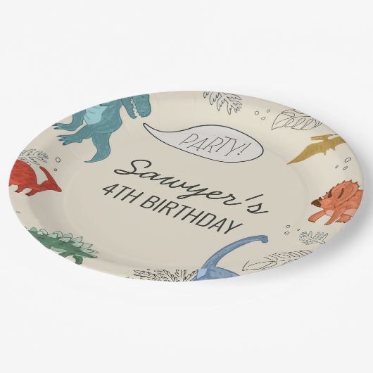 恐竜の誕生日プレート ペーパープレート (アングル)