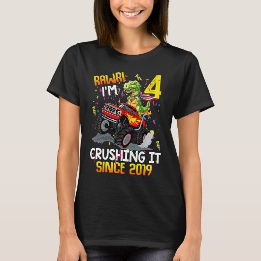 恐竜の誕生日モンスタートラックRawr I'm 4 Crushin Tシャツ (正面)